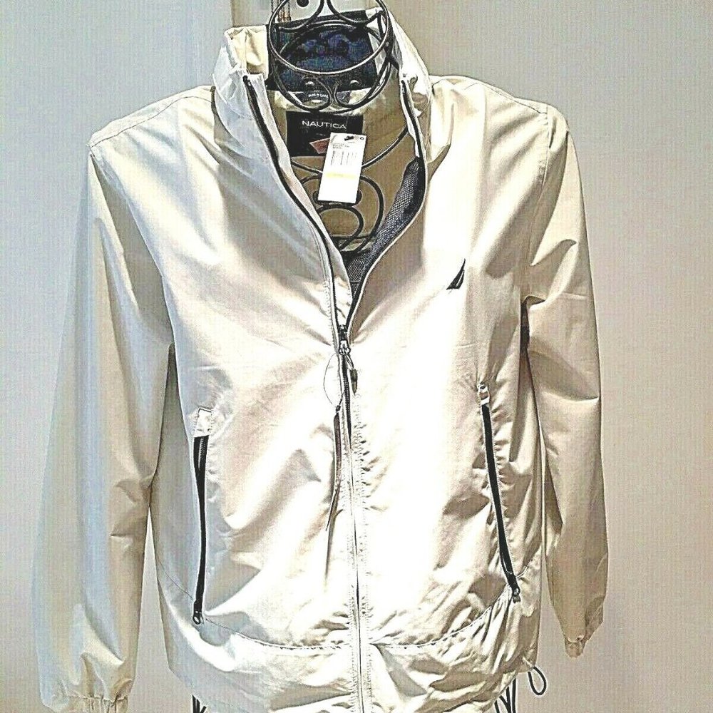 Nautica Sailing White Classic Windbreaker Jacket Hood Men-SMALL-NWT